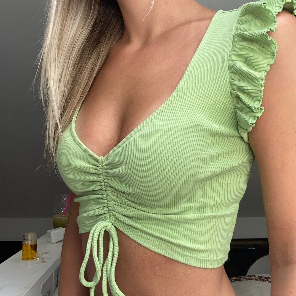 Zara NWT Green Ruched Drawstring Ruffle Crop Top L - Picture 12 of 16